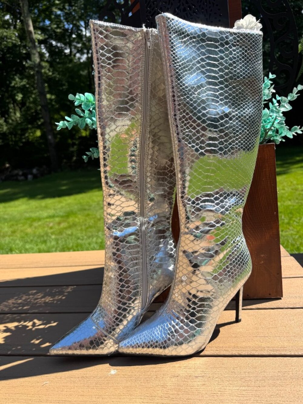 INC Rajel Silver Snakeskin Knee High Stiletto Boots Size 8